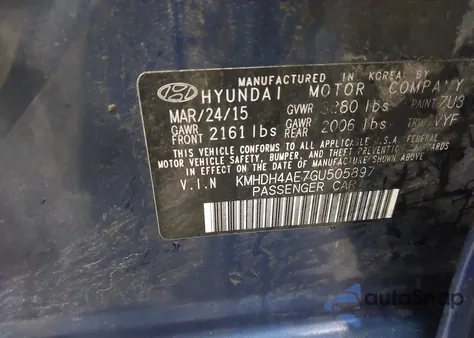 2016 Hyundai Elantra Value Edition z USA, uszkodzony, nr VIN KMHDH4AE7GU505897